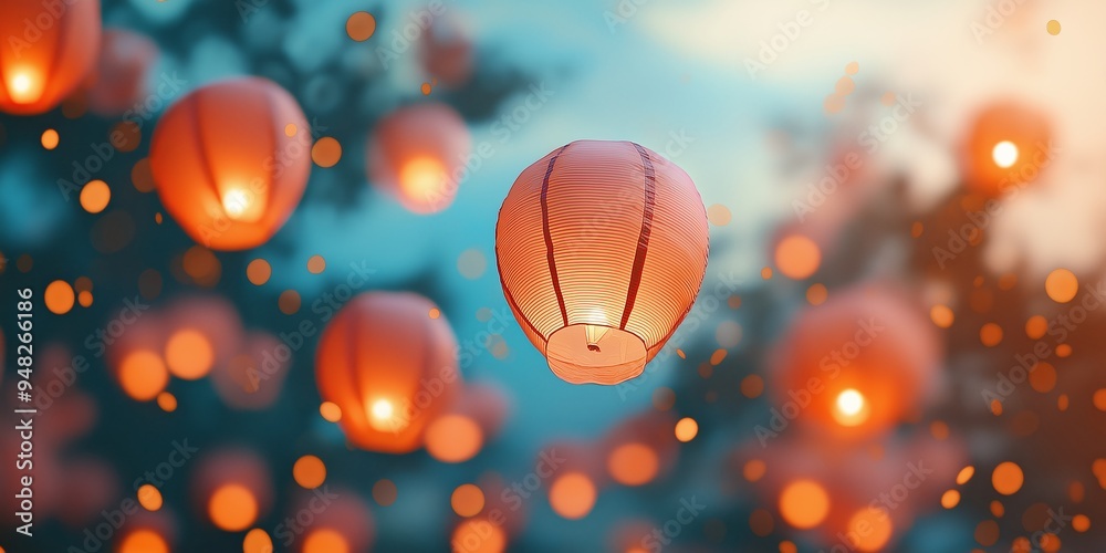 Orange lanterns gently floating against the evening sky, creating a warm glow and a sense of celebration and peacefulness. Orange lanterns gently floating against the evening sky, creating a warm glow and a sense of celebration and peacefulness.