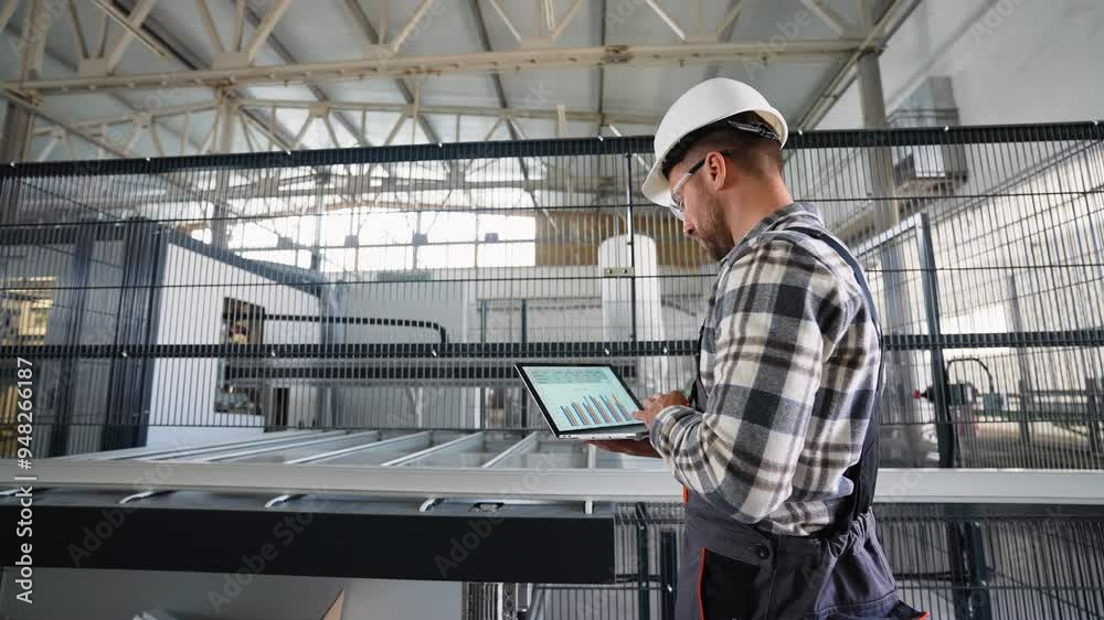 Engineer with laptop in PVC window factory Engineer with laptop in PVC window factory