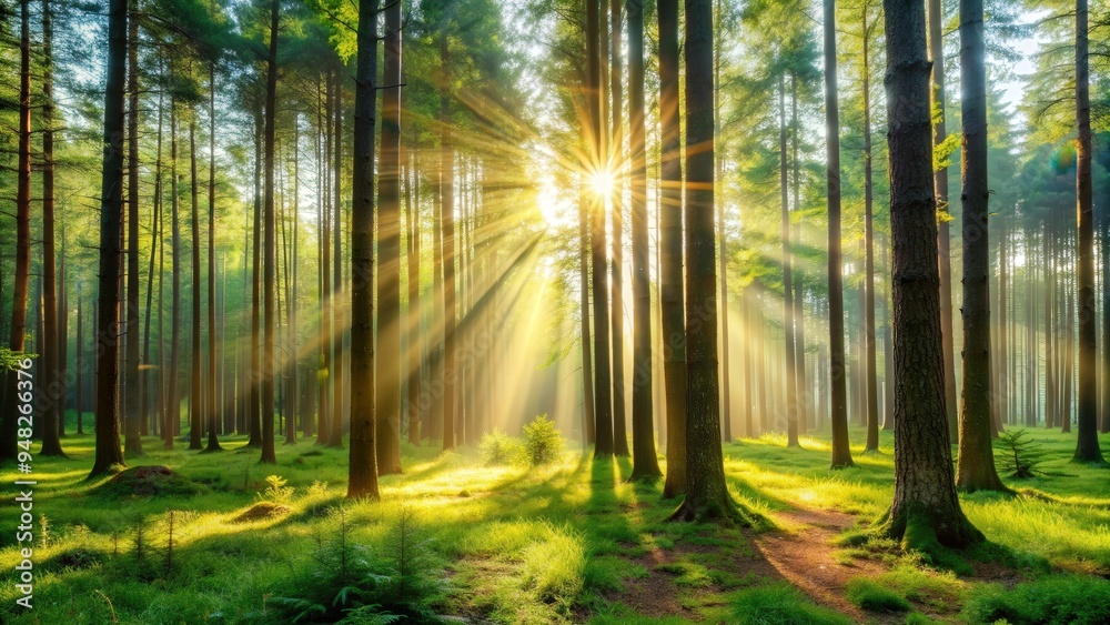 Serene forest landscape with tall trees and sunlight filtering through, creating a peaceful atmosphere Serene forest landscape with tall trees and sunlight filtering through, creating a peaceful atmosphere
