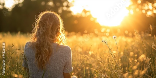 A person sits in a sunlit field with wild grass and flowers, embodying tranquility, connection to nature, and reflective thought.