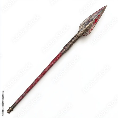 Ancient spear with bloodstains, warrior weapon, renaissance painting style, dark tones, isolated on white background photo