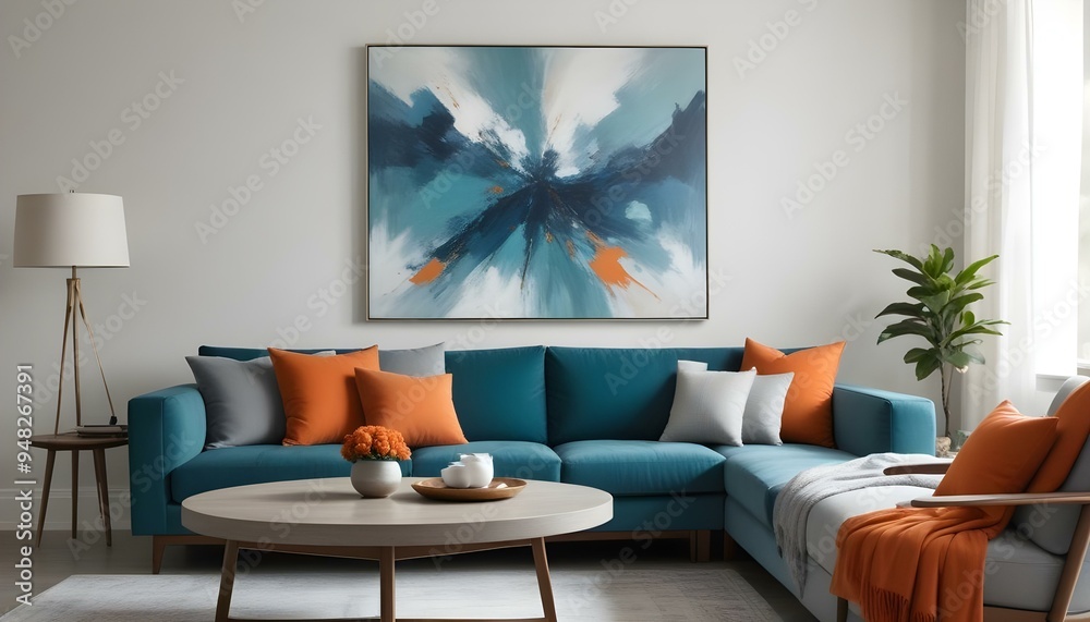 Fototapeta premium A large abstract painting in shades of blue and teal hangs on the wall above a gray sectional sofa with orange and gray throw pillows.