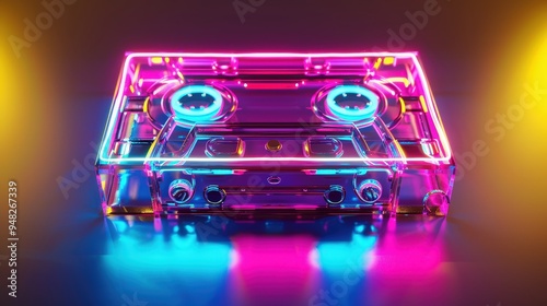 The cassette tape glows with vibrant neon hues against a dimly lit background, capturing the essence of retro music culture and nostalgia from past decades