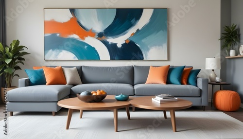 Fototapeta Naklejka Na Ścianę i Meble -  A large abstract painting in shades of blue and teal hangs on the wall above a gray sectional sofa with orange and gray throw pillows.