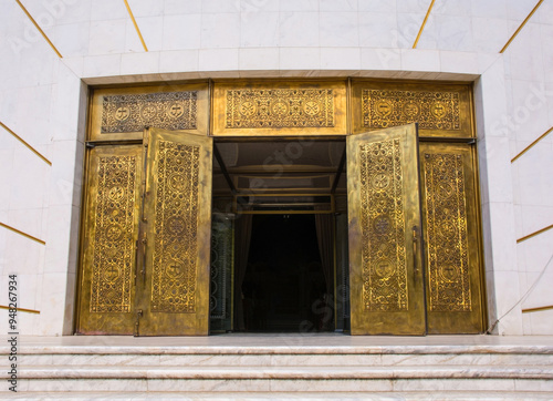 The main entrance of the Eastern Orthodox New Resurrection Cathedral in central Tirana, Albania. Opened in 2012, it is a contemporary interpretation of traditional Byzantine architecture style #948267934