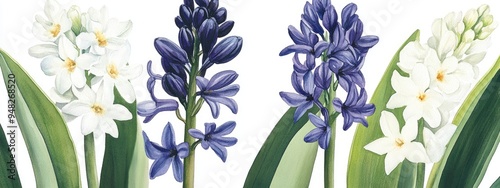 Watercolor illustration of monochoria hastata hyacinth a comparison of a bouquet featuring fresh dark purple flowers alongside white opal flowers all on long greenish stems beside large green leav photo