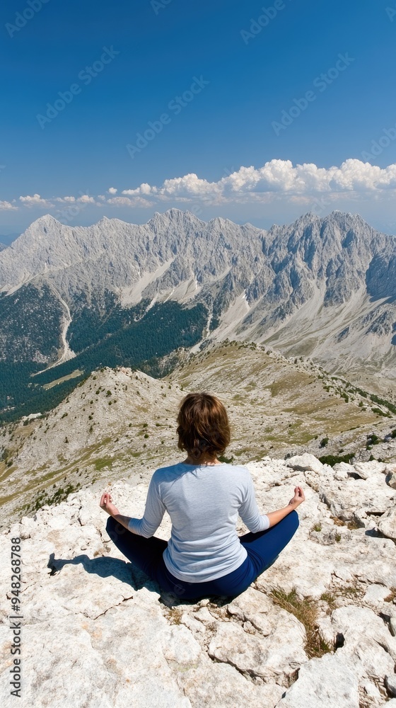 Naklejka premium A woman is meditating in the lotus position atop a mountain, surrounded by stunning clouds and peaks, embodying tranquility during a serene sunrise