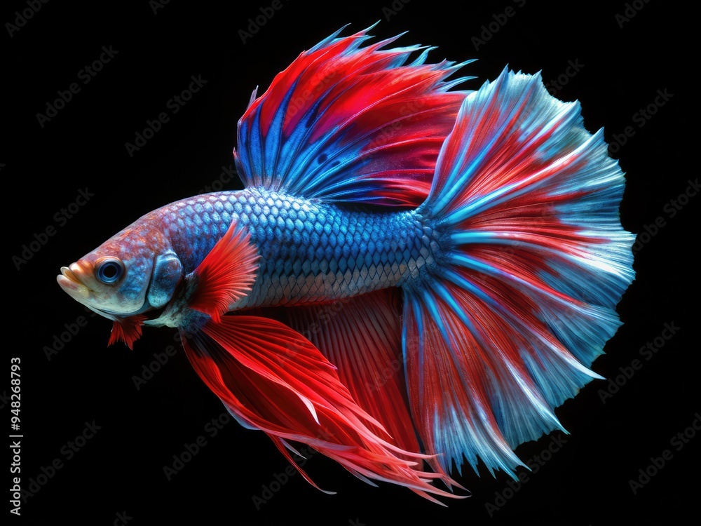 Fototapeta premium Vibrant red-blue Siamese fighting fish, Betta splendens,isolated on dark black background, swimming in motion, showcasing majestic fins and elaborate tail, highlighting aquatic beauty.