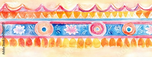 Watercolor illustration of a textile design suitable for swimwear fabric wallpaper and wrapping Features a striking boho chic summer theme with hand drawn striped patterns and a repeating striped