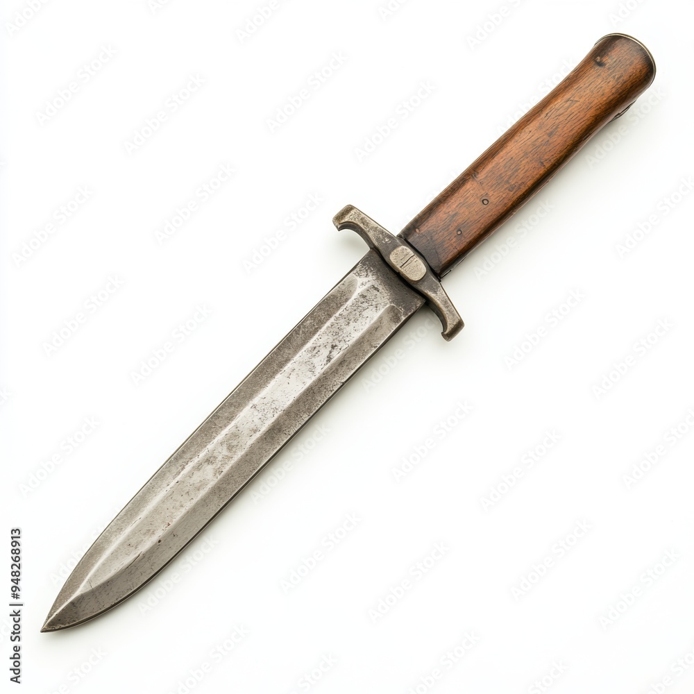 A bayonet with a wooden handle, military weapon, soft sepia tones, isolated on white background A bayonet with a wooden handle, military weapon, soft sepia tones, isolated on white background