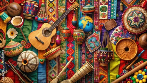 Vibrant collage of traditional textiles, instruments, and symbols from diverse countries, celebrating the rich tapestry of global cultures and international heritage. photo