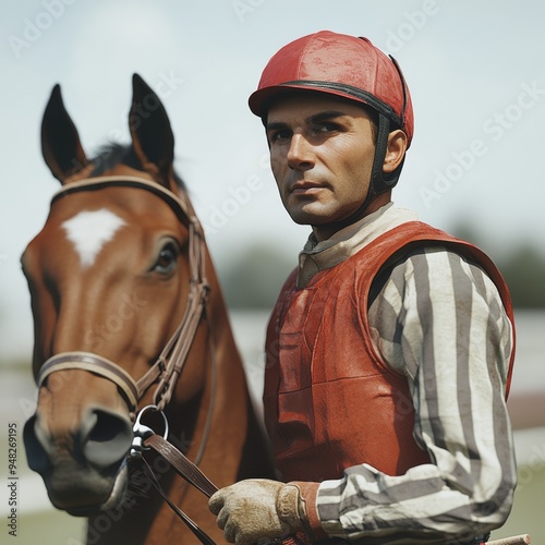 Dynamic Jockey Preparing for Race: AI-Generated Scene of Equestrian Sport on Vibrant Racetrack. Capturing Anticipation and Excitement of Horse Racing, Perfect for Sports Marketing, Outdoor Activities, photo