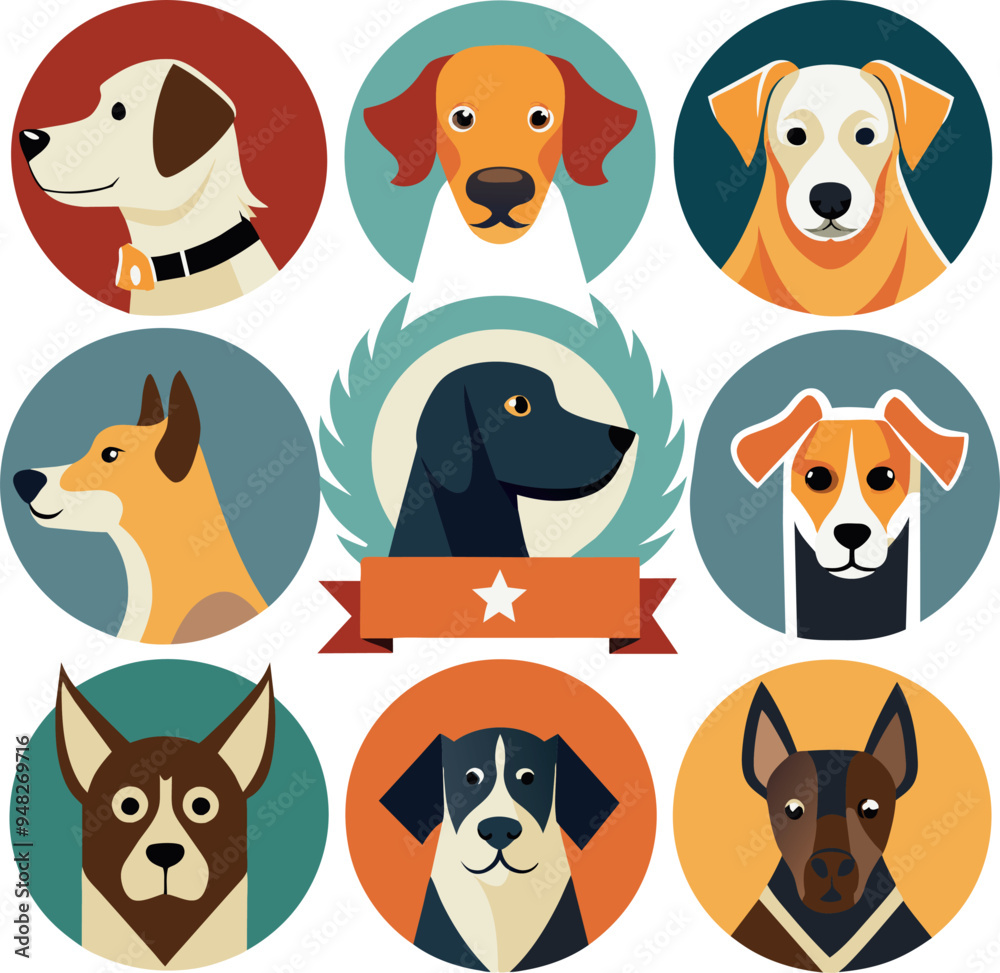 Different dog breeds face logo symbol set template happy dog character design vector illustration generated Ai Different dog breeds face logo symbol set template happy dog character design vector illustration generated Ai