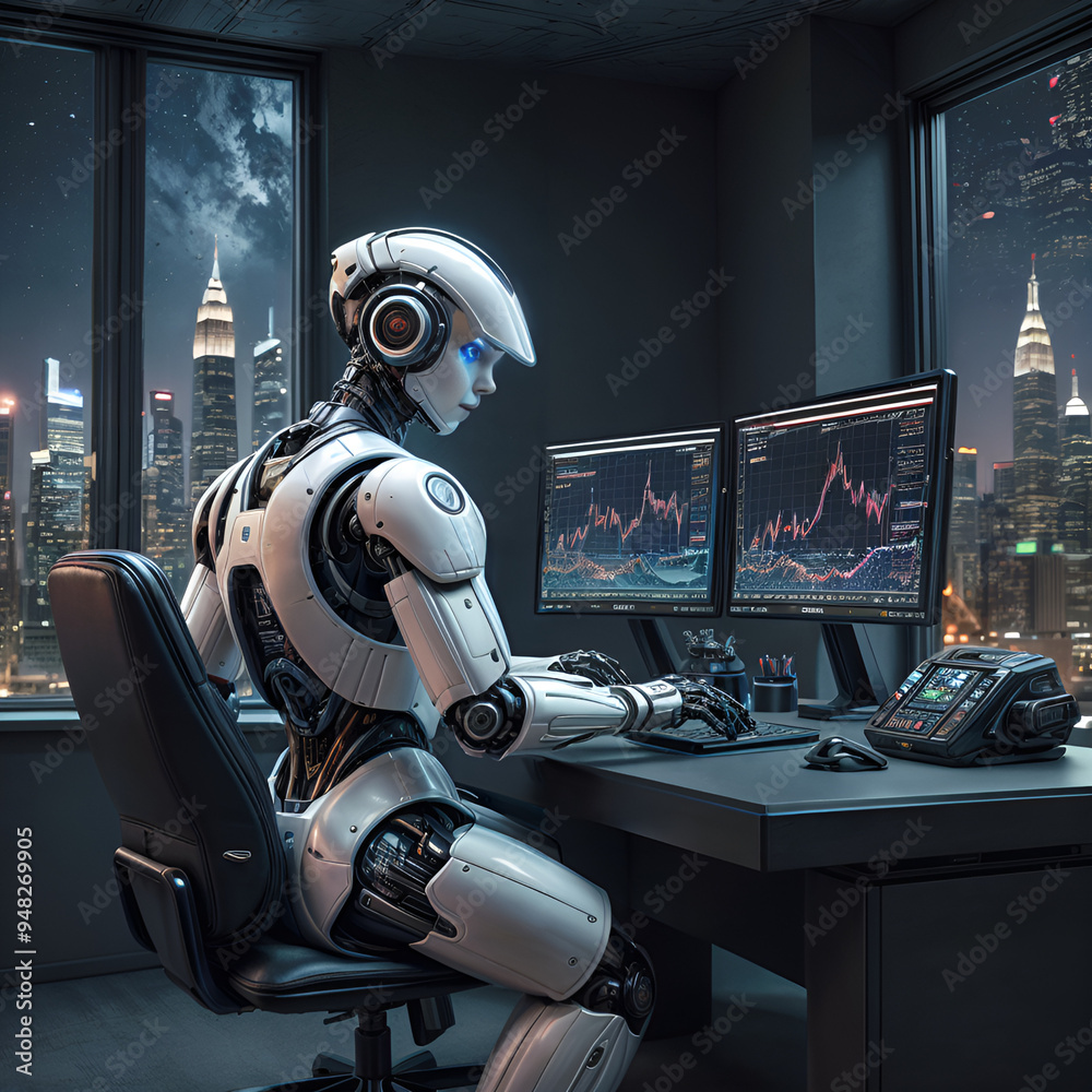 Robots working in offices studying digital displays, high-tech digital graphics. Robots working in offices studying digital displays, high-tech digital graphics.