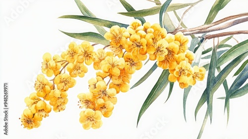 Watercolor illustration of Golden Wattle Acacia pycnantha created by hand photo