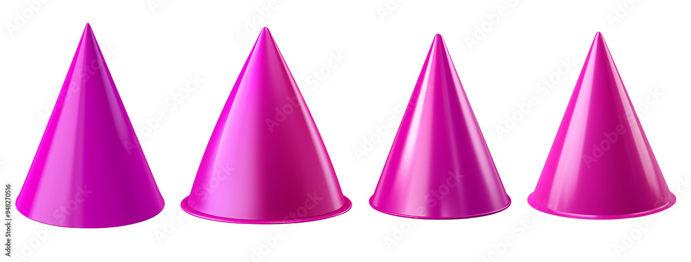 Set of vibrant pink cones arranged in a line, ideal for festive occasions or party decor. Set of vibrant pink cones arranged in a line, ideal for festive occasions or party decor.