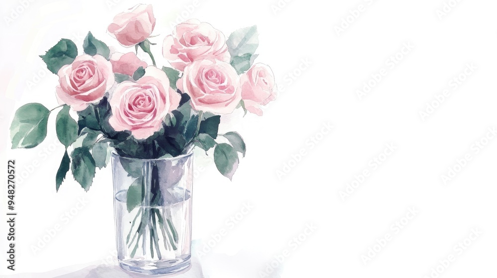 Watercolor illustration of a pink English rose bouquet in a glass on a white background Watercolor illustration of a pink English rose bouquet in a glass on a white background