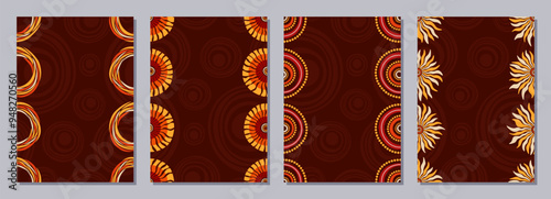 Set of flyers, posters, banners, placards, brochure design templates A6 size with stylized sun and flowers. Tribal ornaments of red, yellow, brown, beige colors. Cards. Australian, Aboriginal art.