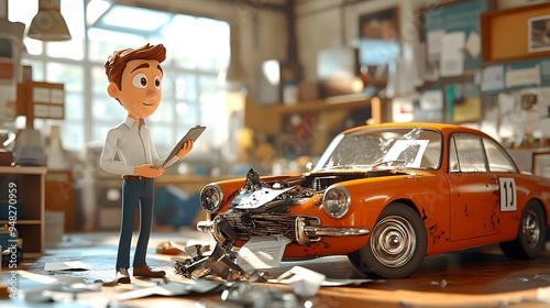 Cartoon-style 3D animation of an insurance agent dealing with a car accident claim, featuring a highly detailed and realistic crash model. photo