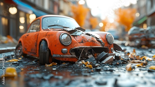 Insurance agent in a 3D animated scene, managing a car accident claim with a realistic cartoon-style car crash model.