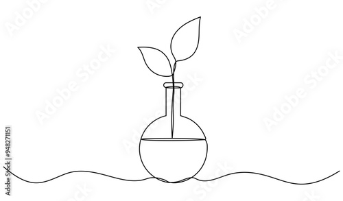 Continuous line drawing chemical glass tube with leaves. Plant sprout inside chemical flask. Science bio experiment. Vector illustration isolated on white.