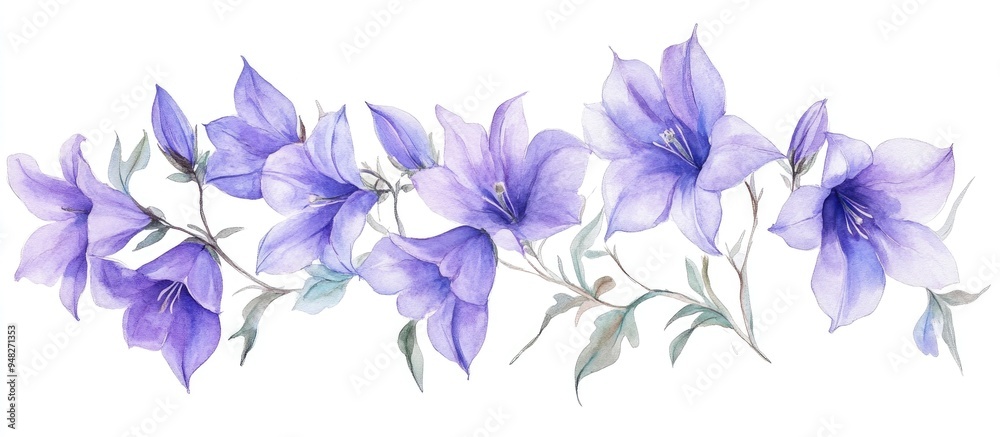 Obraz premium Watercolor illustration of purple bellflower blooms Floral seasonal