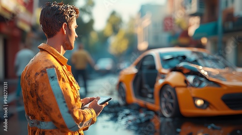 Realistic 3D animation of an insurance agent at a car crash scene, handling a claim with a detailed cartoon-style model. photo