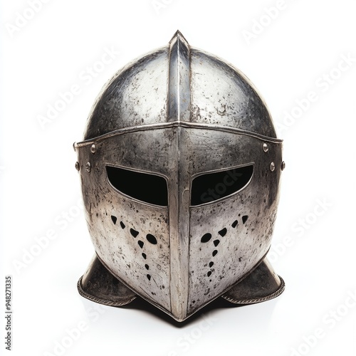 A medieval knight's helmet with visor up, battle armor, soft silver tones, isolated on white background