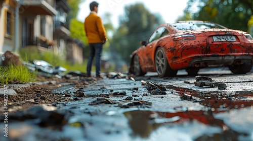 Realistic 3D animation of an insurance agent at a car crash scene, handling a claim with a detailed cartoon-style model. photo