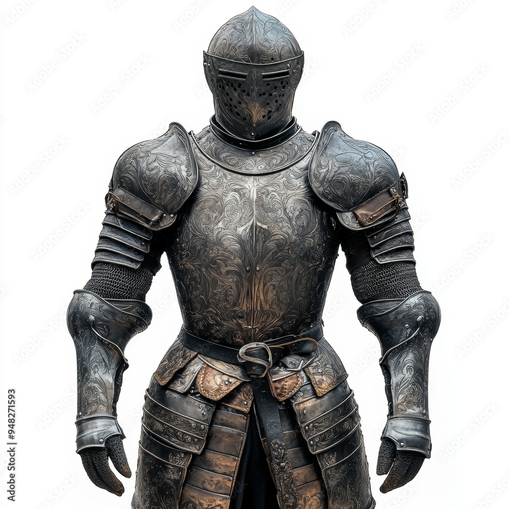 A full suit of plate armor with intricate engravings, medieval protection, soft gray tones, isolated on white background A full suit of plate armor with intricate engravings, medieval protection, soft gray tones, isolated on white background