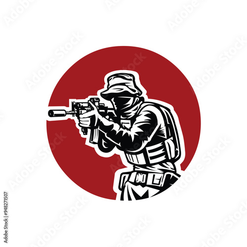 Special Military Army Soldier in Jungle Hat Holding Riffle Machine Gun Ready to Action Vector Illustration
