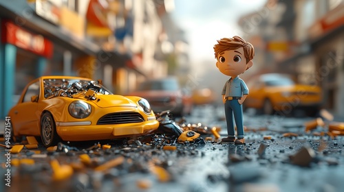 Realistic 3D animation depicting an insurance agent processing a car accident claim, with a detailed cartoon-style crash model. photo