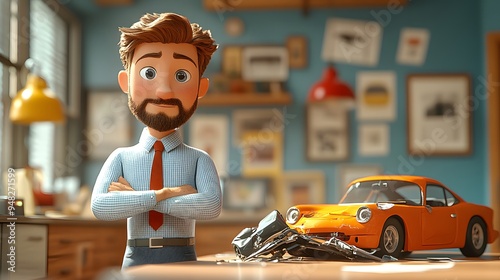 Realistic 3D animation depicting an insurance agent processing a car accident claim, with a detailed cartoon-style crash model.