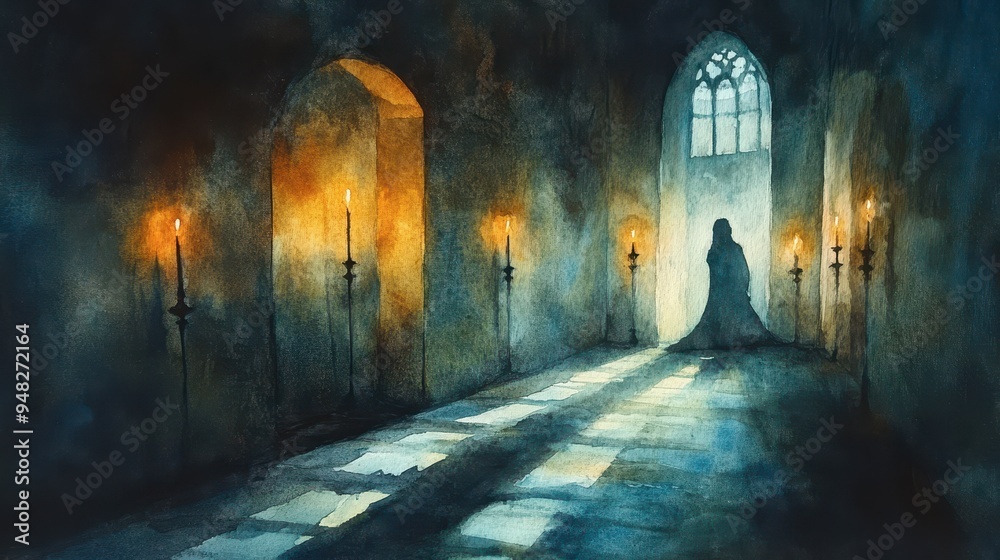 Obraz premium Candlelit room, shadows dancing on the walls, a haunting and romantic scene, Watercolor style