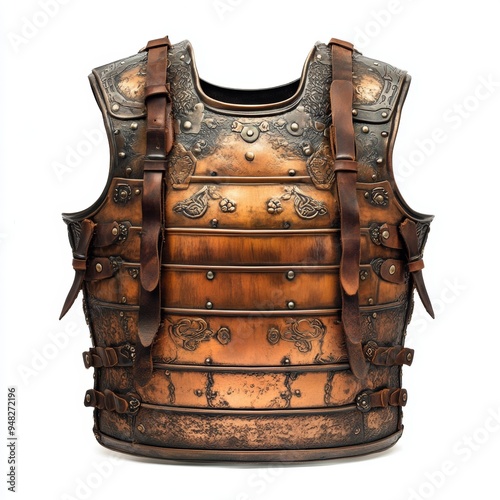 A samurai chest plate with leather straps, feudal Japan armor, soft bronze tones, isolated on white background photo