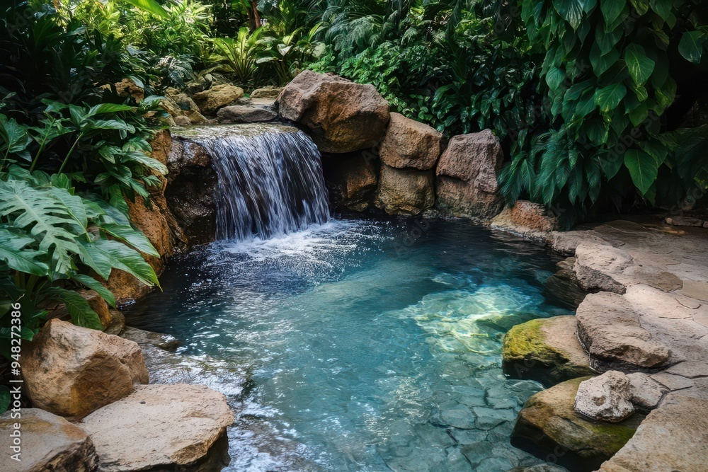 Naklejka premium A small, hidden waterfall with a natural pool beneath, creating a perfect spot for meditation and selfreflection