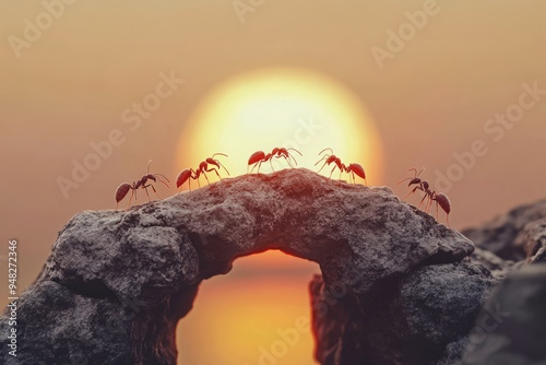 Red ants are crossing stone bridge at sunset. Teamwork concept photo