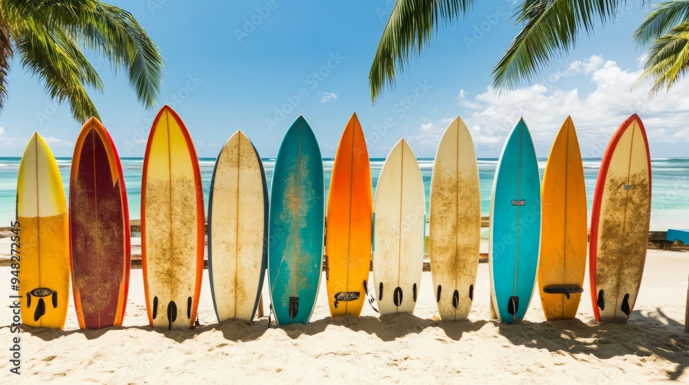 Tropical Beach Enthusiasm: Colorful Surfboards Aligned on Pristine Sand, Embracing the Surfing Culture