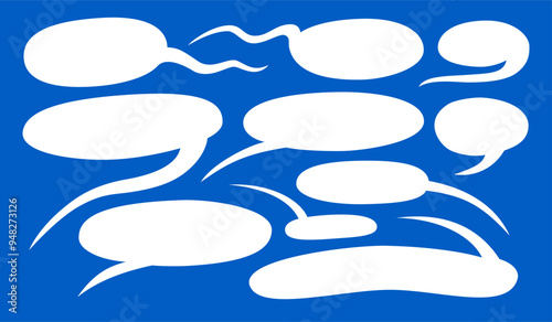 Elongated bizarre shapes speech bubbles set. White speech bubbles on blue background hand drawn flat illustration.
