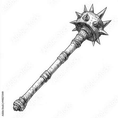 A sketch of a mace with spiked head, medieval weaponry, black and white ink, isolated on white background