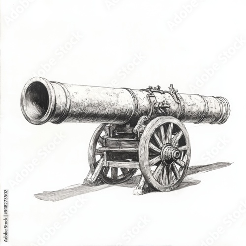 A sketch of a cannon with detailed barrel, historical weaponry, charcoal and pencil, isolated on white background