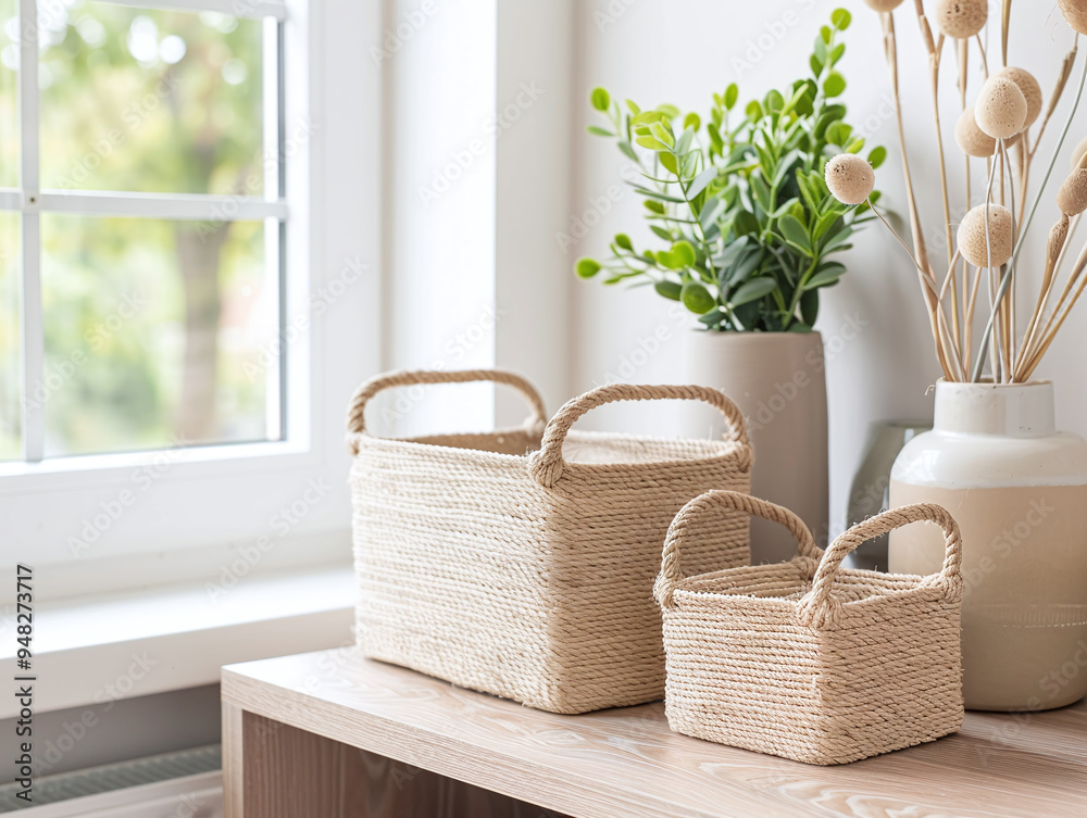 Handmade rope rectangular baskets in modern and stylish interior