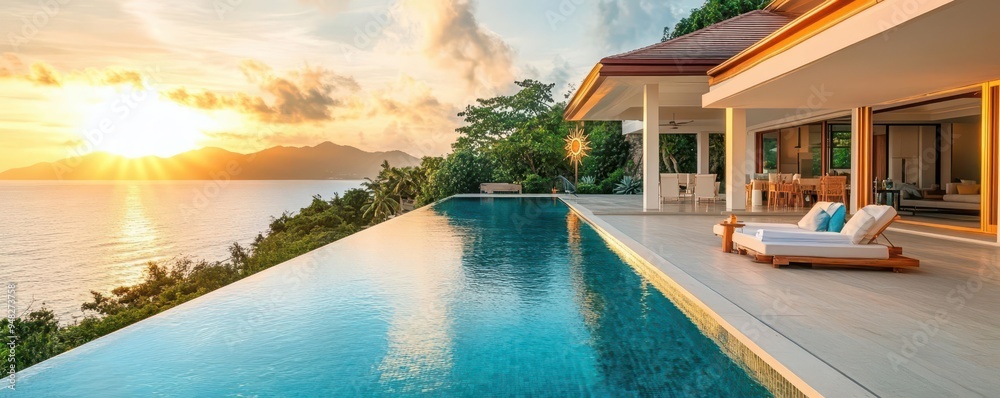 A luxurious villa with an infinity pool overlooking the ocean, symbolizing exclusive property investments with a rising sun graph A luxurious villa with an infinity pool overlooking the ocean, symbolizing exclusive property investments with a rising sun graph