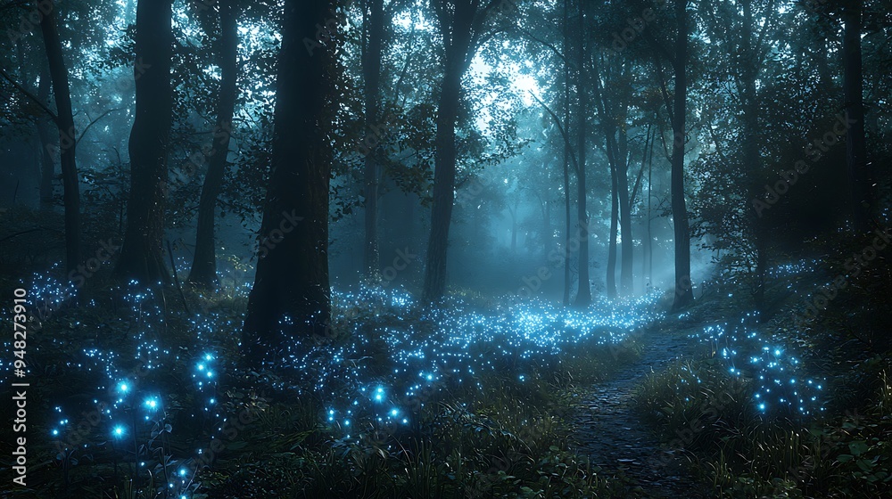 Fototapeta premium An enchanted forest path lit by glowing blue fireflies, creating a mystical night scene.