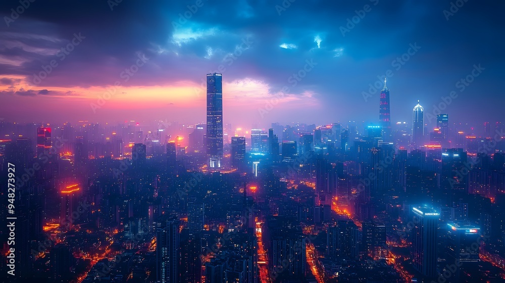 A vibrant night view of a futuristic cityscape, showcasing illuminated skyscrapers and glowing street lights, with a technology-driven atmosphere. A vibrant night view of a futuristic cityscape, showcasing illuminated skyscrapers and glowing street lights, with a technology-driven atmosphere.