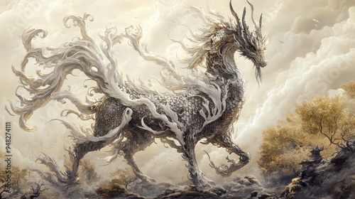 Mystical Qilin: Illustration of a Majestic Creature from Chinese Folklore with Dragon Features and Intricate Designs photo