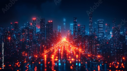 A technologically sophisticated city at night, highlighted by brightly illuminated skyscrapers and street lights, set against a high-tech urban background. photo