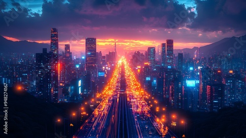 A technologically sophisticated city at night, highlighted by brightly illuminated skyscrapers and street lights, set against a high-tech urban background. photo