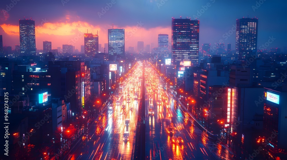 Night view of a high-tech city, with brightly lit skyscrapers and street lights creating a dynamic, illuminated urban environment. Night view of a high-tech city, with brightly lit skyscrapers and street lights creating a dynamic, illuminated urban environment.