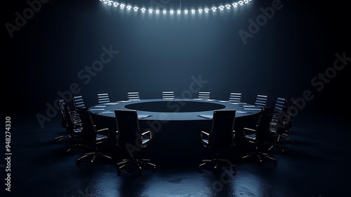 An empty round meeting table surrounded by chairs in a dimly lit room, exuding a moody ambiance.